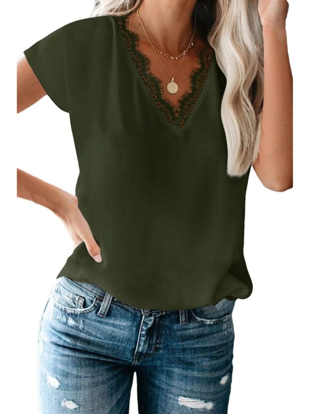 Dressy Lace Trim Blouse Tops Popular Short Sleeve Shirt